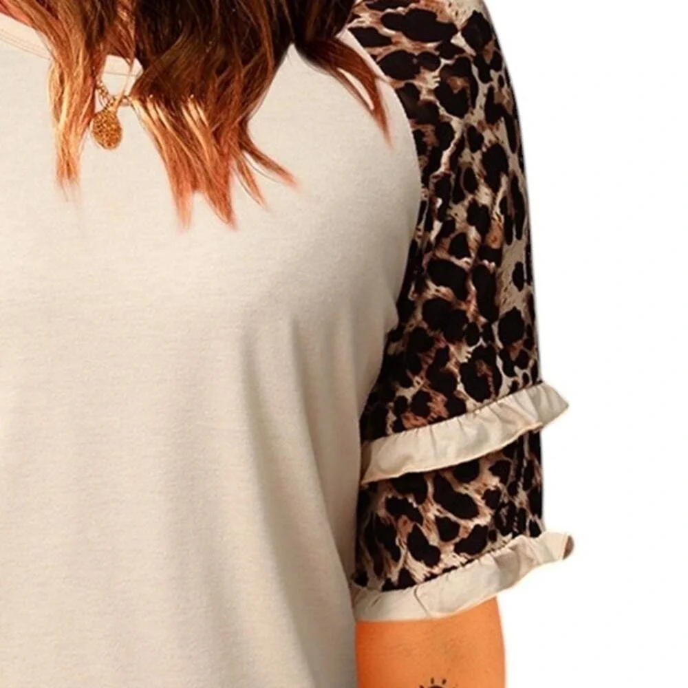 Tan Ruffled Leopard Sleeve Patchwork Top New Size Large